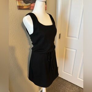 Black Textured Sleeveless Mini Dress with Drawstring Waist